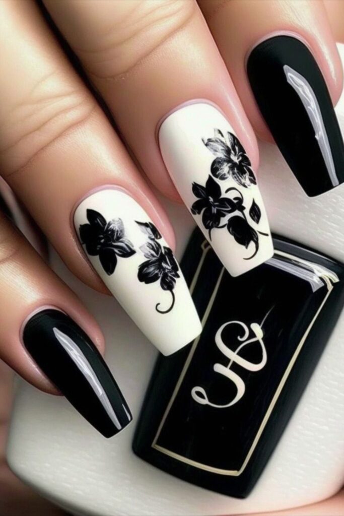 Black and White Flower Nail Designs