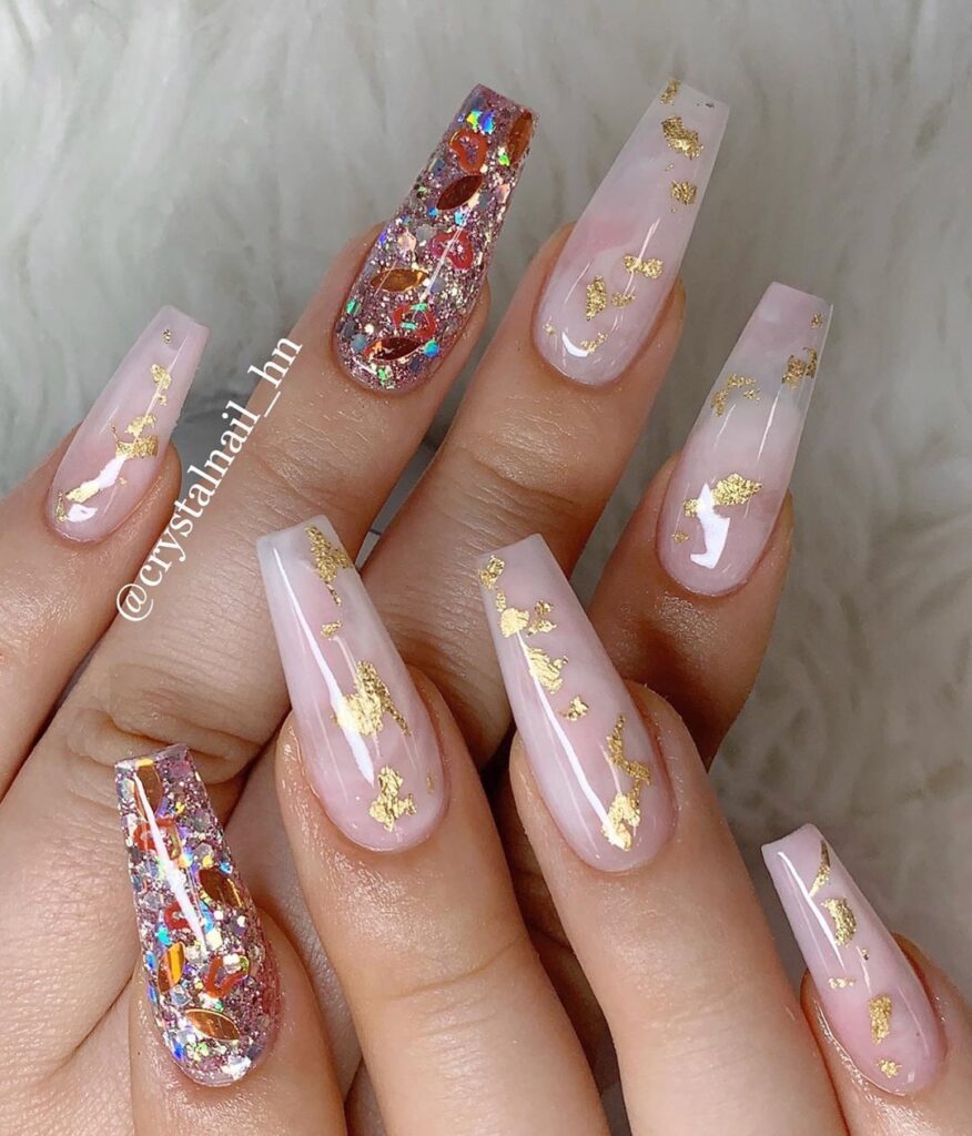 Pink with Gold Flakes Nails