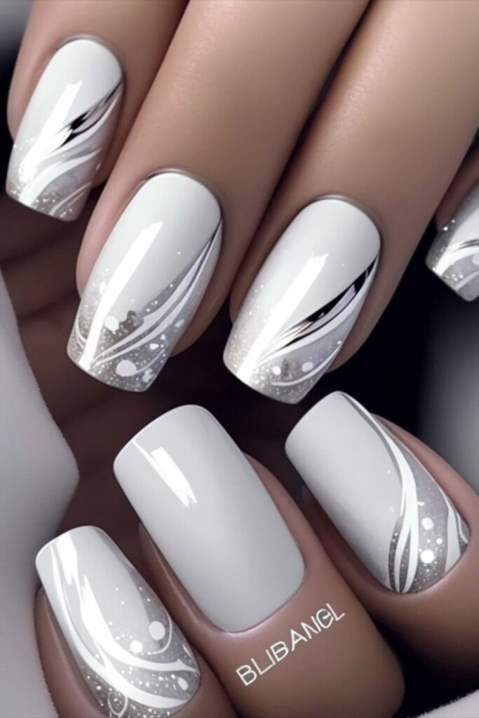 White Acrylic Nails with a Hint of Glitter