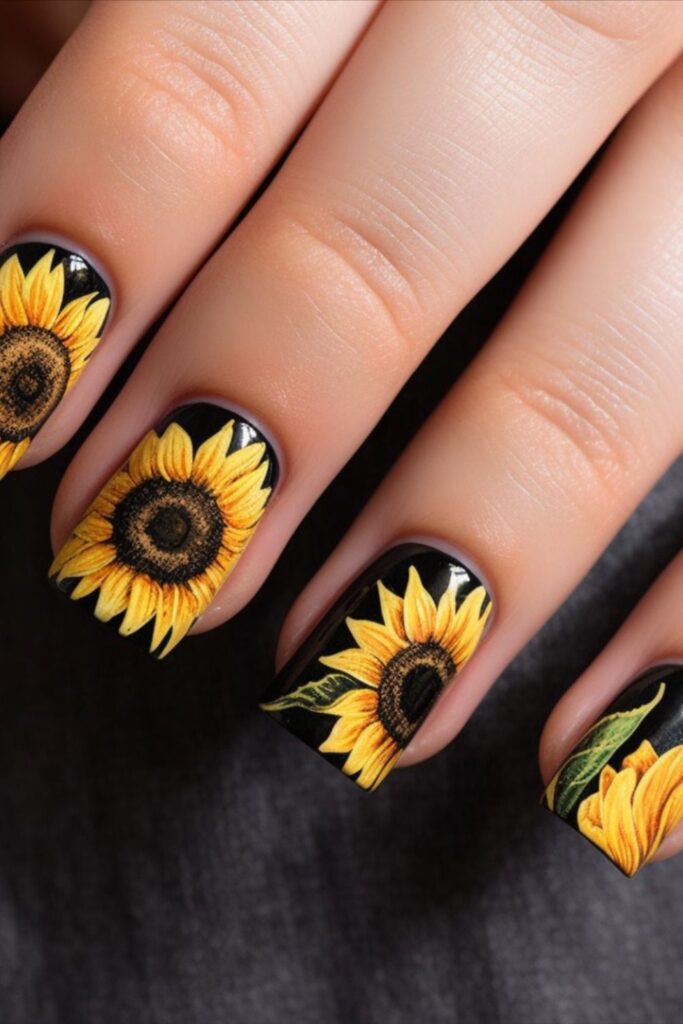 black and yellow sunflower nails