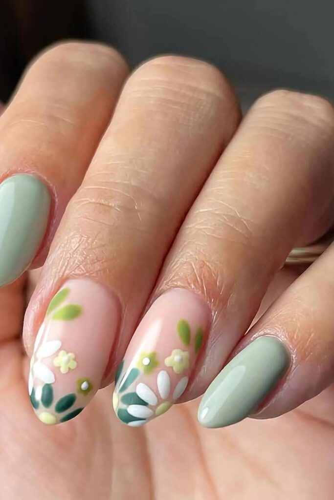 green and white flower nail designs